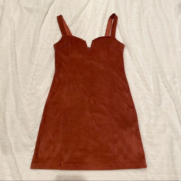 Tan Suede Forever 21 Bodycon Dress with deep wired V neck - Picture 2 of 8